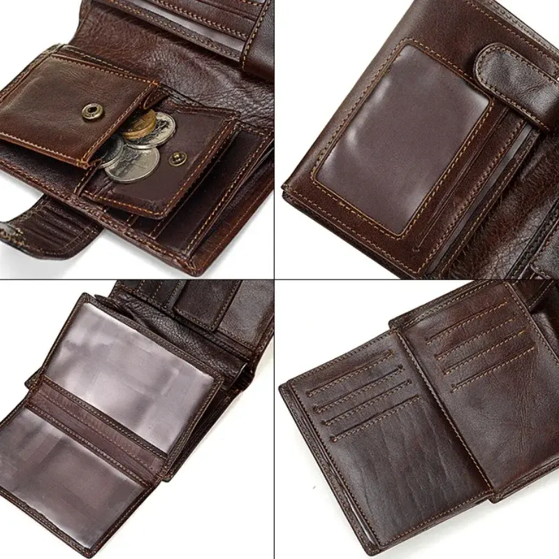 New Men Wallet Cowhide Genuine Leather Wallets Coin Purse Clutch Hasp Open Top Quality Retro Short Wallet Multi Cards Slots