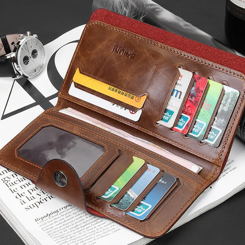 Men's Leather Tri-Fold Wallet - Magnetic Buckle Clutch with Card Holder & Coin Purse, Business Wallets for Men