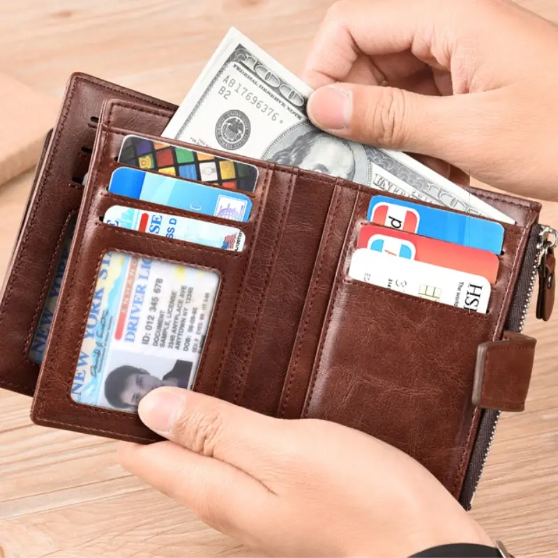 Fashion Men's Coin Purse Wallet RFID Blocking Man PU Leather Wallet Zipper Business Card Holder Money Bag Wallet for Male