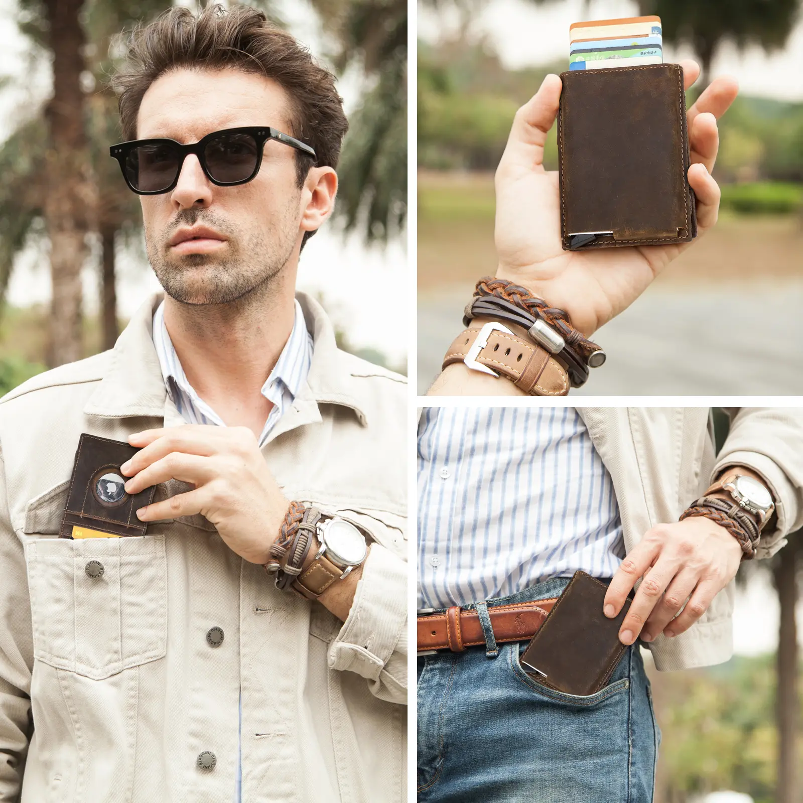 CONTACT'S Genuine Leather Magic Wallets for Men RFID Credit Card Holder Metal Slim Pop Up Minimalist Men Wallets Money Bag Purse