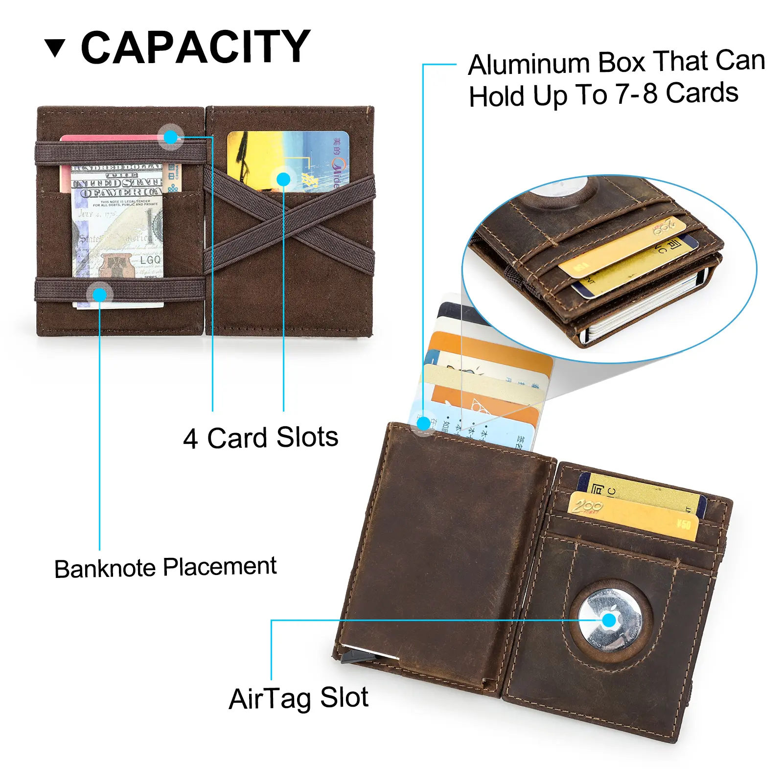CONTACT'S Genuine Leather Magic Wallets for Men RFID Credit Card Holder Metal Slim Pop Up Minimalist Men Wallets Money Bag Purse