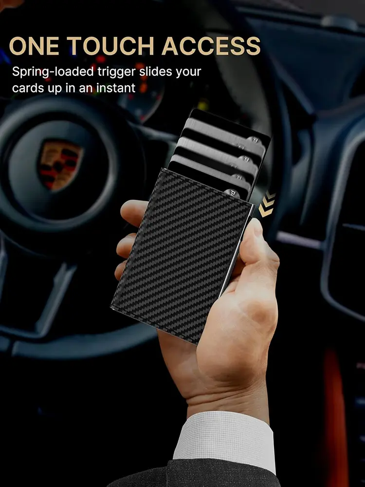 YATBEST Men's Card Bag Automatic Pop-Up Aluminum Box RFID Anti-Theft Brush Ultra-Thin Minimalist Wallet Leather Credit Card Clip