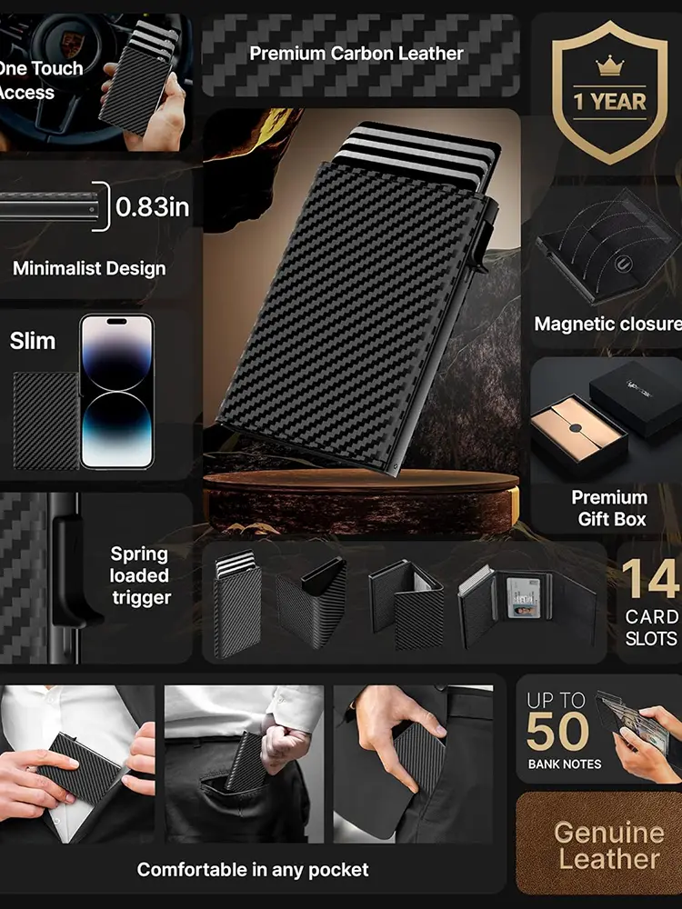 YATBEST Men's Card Bag Automatic Pop-Up Aluminum Box RFID Anti-Theft Brush Ultra-Thin Minimalist Wallet Leather Credit Card Clip