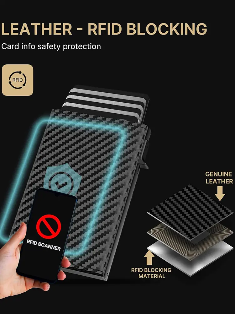 YATBEST Men's Card Bag Automatic Pop-Up Aluminum Box RFID Anti-Theft Brush Ultra-Thin Minimalist Wallet Leather Credit Card Clip