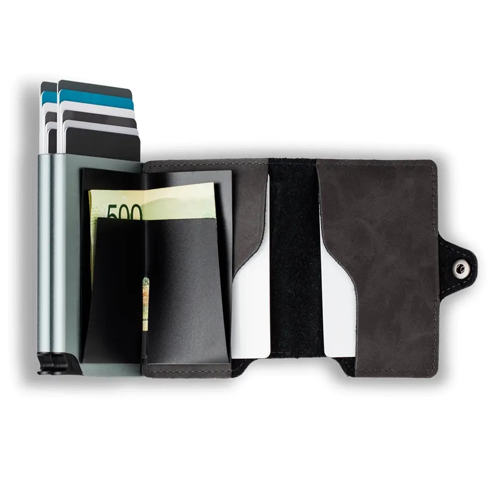 Casekey Anti Rfid Dual Automatic Pop Up Men Wallet Pu Leather Smart Card Holder Purse Double Aluminum Box Tarjetero Billetera