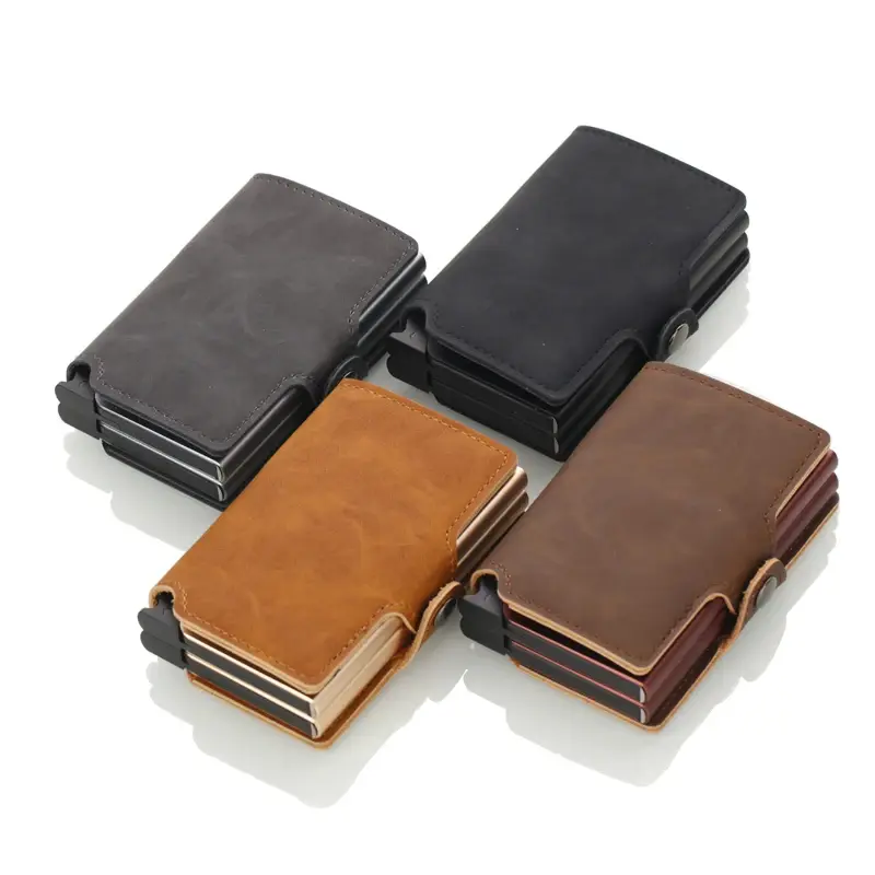 Casekey Anti Rfid Dual Automatic Pop Up Men Wallet Pu Leather Smart Card Holder Purse Double Aluminum Box Tarjetero Billetera