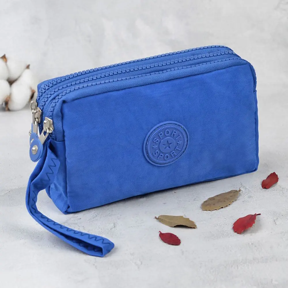 Coin Purse Solid Color Wrinkle Clutch Bags Three Zippers Fabric Phone Purse Portable Women Storage Pouch