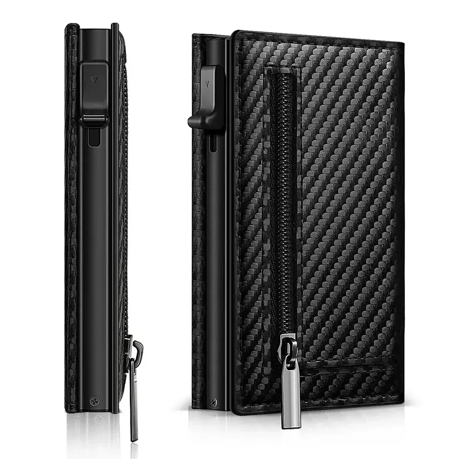 Men's Carbon Fiber Magnetic Card Clip Leather RFID Triple Fold Card with Zipper Wallet Pop Up Smart AirTag Wallet