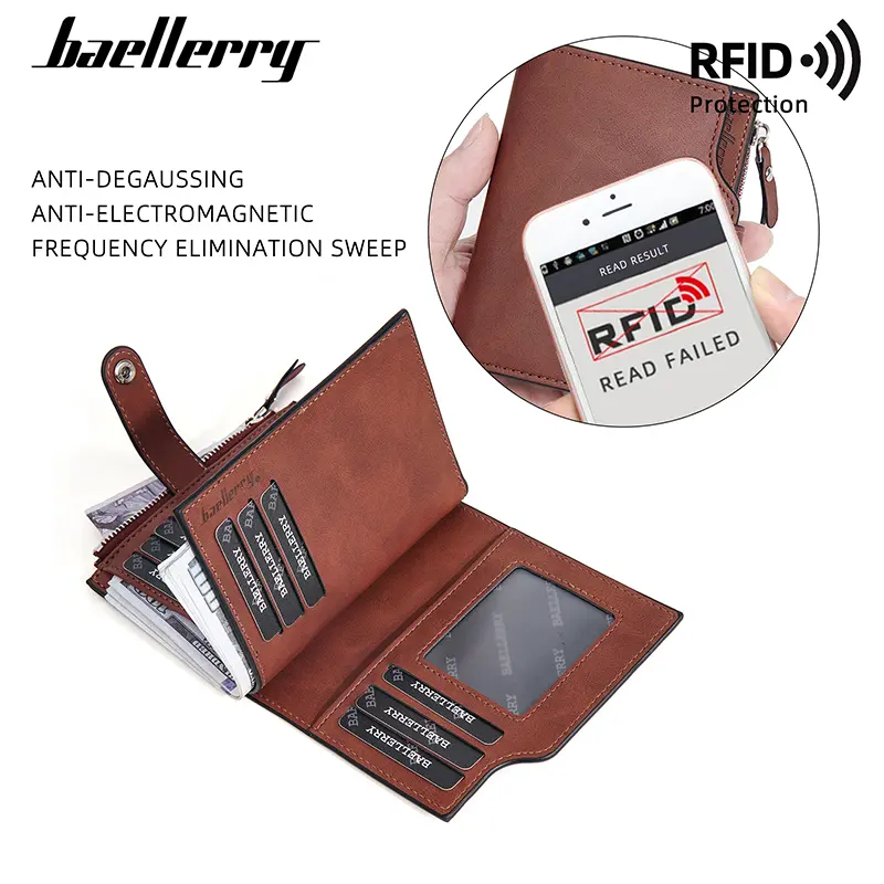 New RFID Men Zipper Wallets Name Engraving Simple Coin Pocket Male Purse Money Clips High Quality Brand Card Holder Men's Wallet