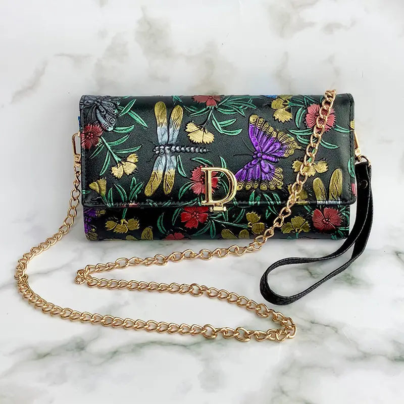 3d Flowers Embossing Women's Genuine Leather Long Purse Large Ladies Retro Clutch Wallets with Shoulder Chain Phone Holder