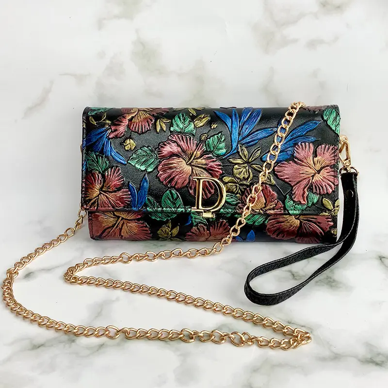 3d Flowers Embossing Women's Genuine Leather Long Purse Large Ladies Retro Clutch Wallets with Shoulder Chain Phone Holder