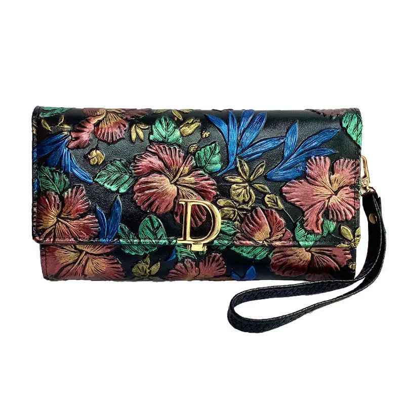 3d Flowers Embossing Women's Genuine Leather Long Purse Large Ladies Retro Clutch Wallets with Shoulder Chain Phone Holder