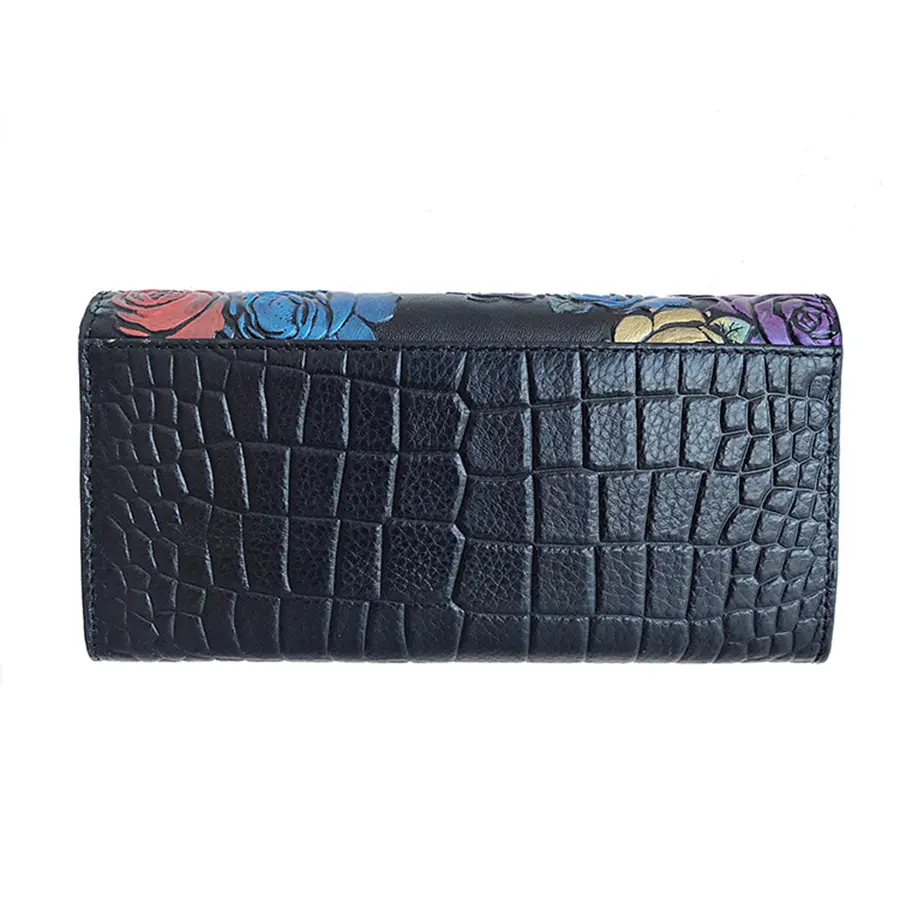 3d Flowers Embossing Women's Genuine Leather Long Purse Large Ladies Retro Clutch Wallets with Shoulder Chain Phone Holder