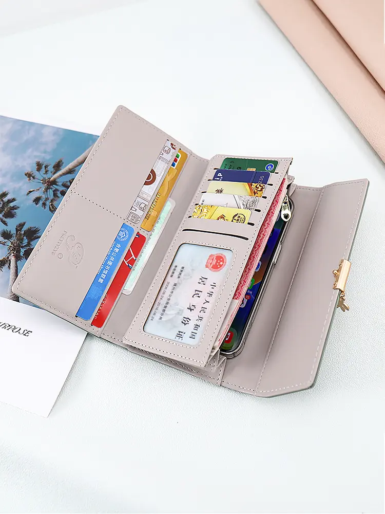 2024 summer new Korean version of high texture PU Diamond lattice personality leaf pendant three fold bag multi-card can be expa