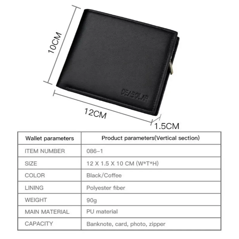 New Men's Wallet Multi Function ID Credit Card Holder Three -fold Money Clip High Quality Leather Zipper Coin Purse