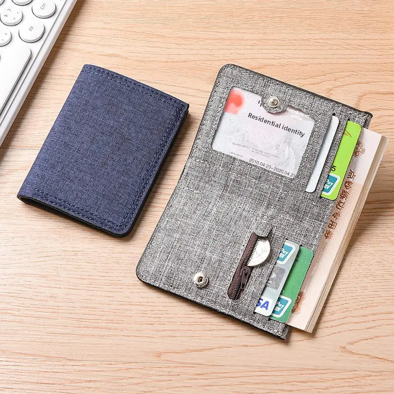 Men's minimalist vertical canvas wallet with multiple card slots, personalized student wallet, ultra-thin folding small wallet