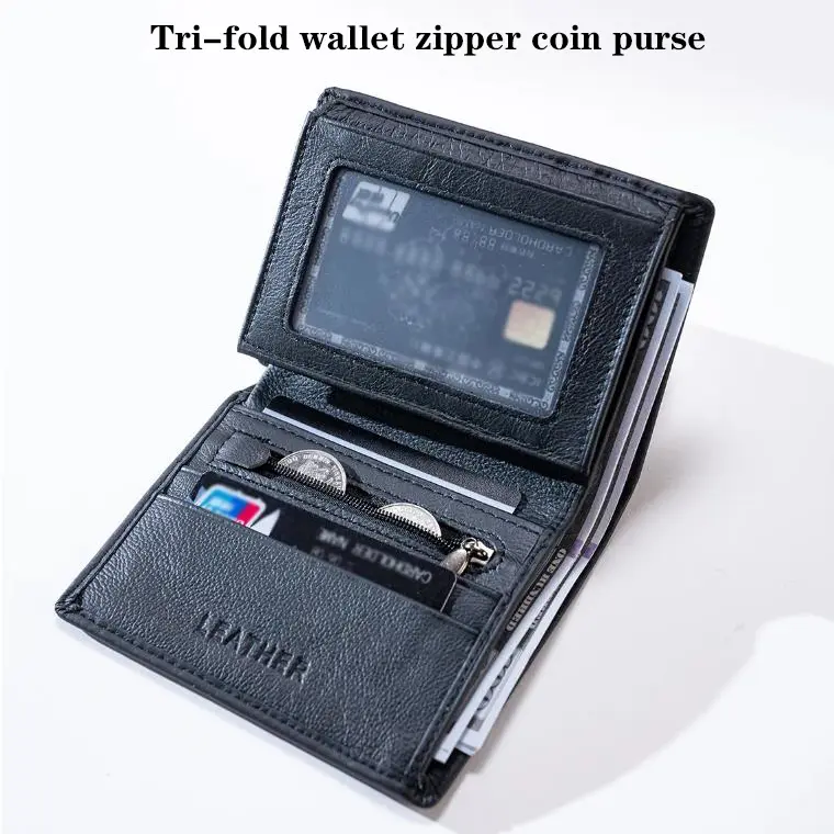 new men's genuine leather wallet business vertical three-fold credit card holder zipper coin purse men's RFID anti-theft wallet