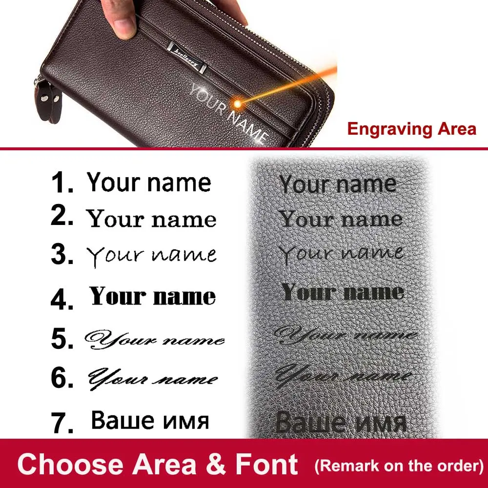 Baellerry Men Wallets Double Zipper Large Capacity Name Engraving High Quality Card Holder Male Purse Wallet For Men