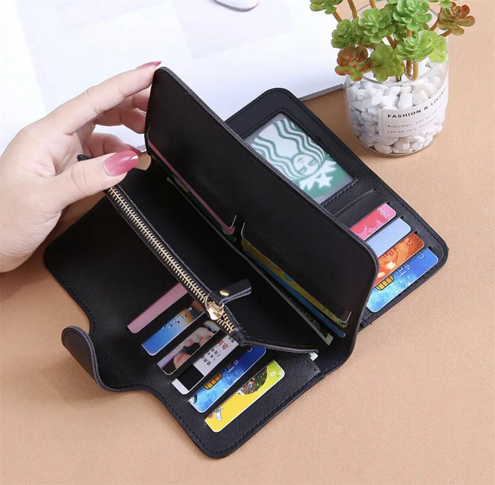 Fashion Women Leather Wallet Long Purse Phone Card Holder Case Clutch Large Capacity Ladies Girls Mobile Phone ID Card Holder