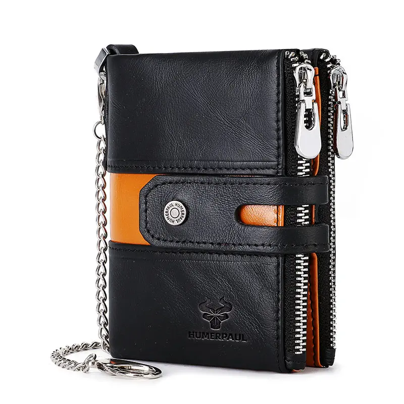HUMERPAUL Genuine Leather Men's Wallet Fashion Quality Travel Purse Rfid Protect Credit Card Holder Wollst for Men with Chain
