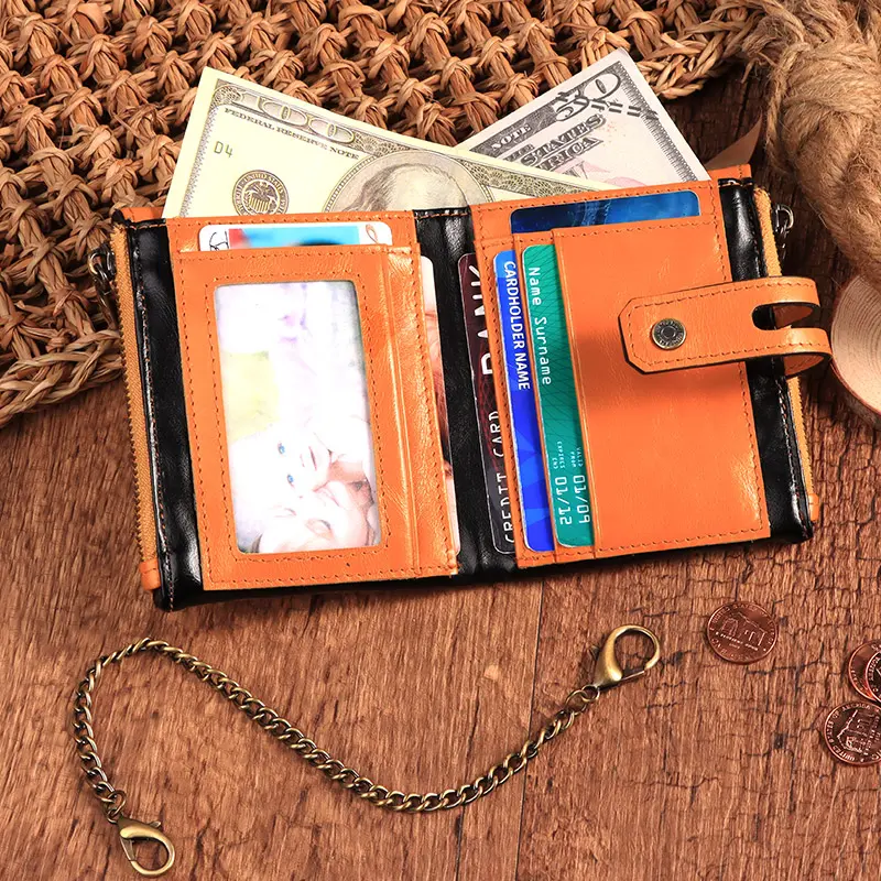 HUMERPAUL Genuine Leather Men's Wallet Fashion Quality Travel Purse Rfid Protect Credit Card Holder Wollst for Men with Chain