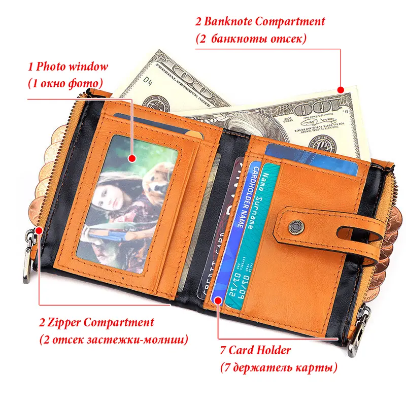 HUMERPAUL Genuine Leather Men's Wallet Fashion Quality Travel Purse Rfid Protect Credit Card Holder Wollst for Men with Chain