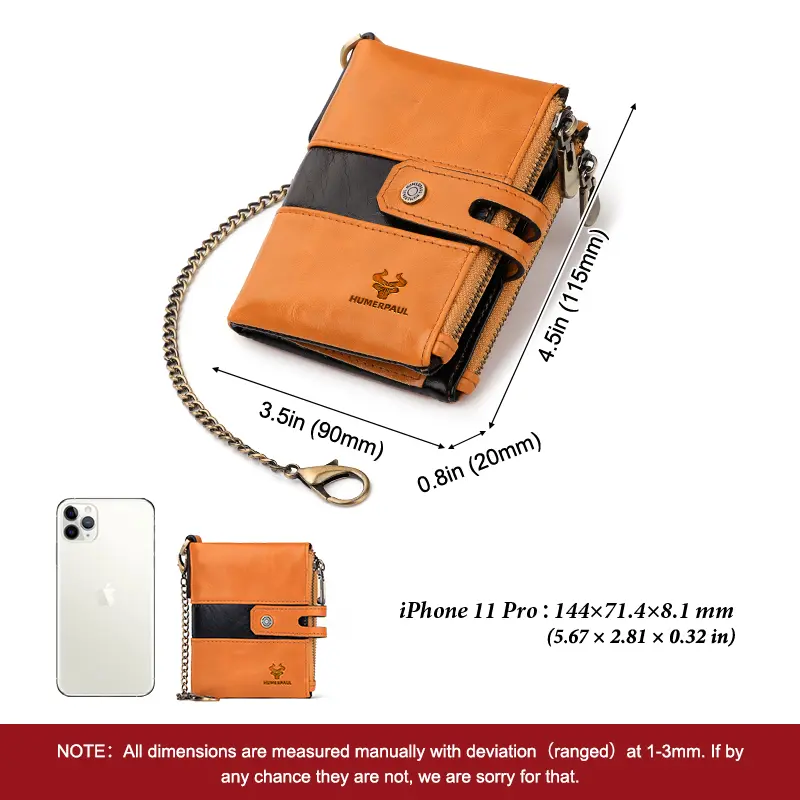 HUMERPAUL Genuine Leather Men's Wallet Fashion Quality Travel Purse Rfid Protect Credit Card Holder Wollst for Men with Chain