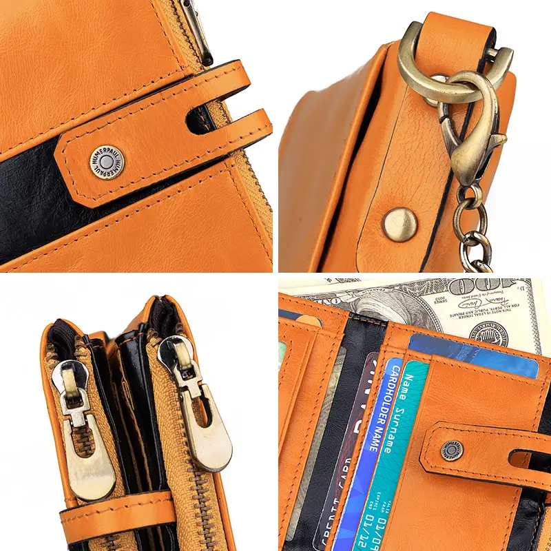 HUMERPAUL Genuine Leather Men's Wallet Fashion Quality Travel Purse Rfid Protect Credit Card Holder Wollst for Men with Chain