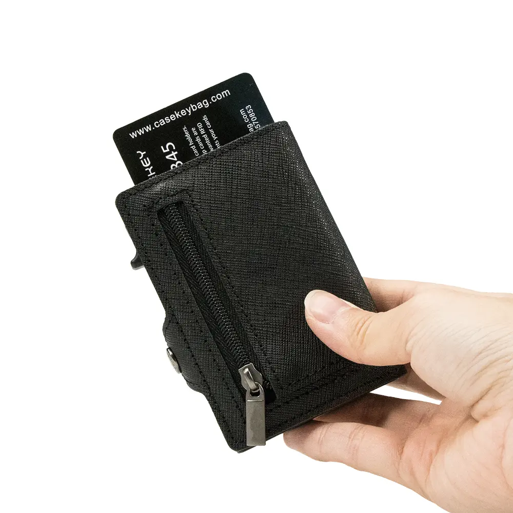 CASEKEY Slim Men Wallet Saffiano Genuine Leather Pop Up Credit Card Holder Billetera RFID Blocking Smart Wallet with Coin Purse