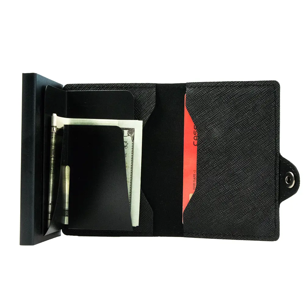 CASEKEY Slim Men Wallet Saffiano Genuine Leather Pop Up Credit Card Holder Billetera RFID Blocking Smart Wallet with Coin Purse