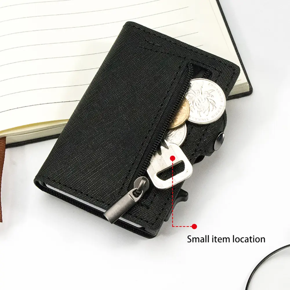 CASEKEY Slim Men Wallet Saffiano Genuine Leather Pop Up Credit Card Holder Billetera RFID Blocking Smart Wallet with Coin Purse