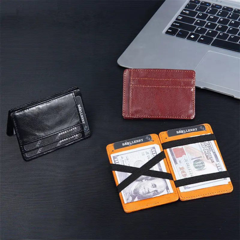 Fashion Slim Magic Wallets with Elastic Strap PU Leather Men Money Clips Bank Credit Card Holder Thin Cash Purse Small Billfold