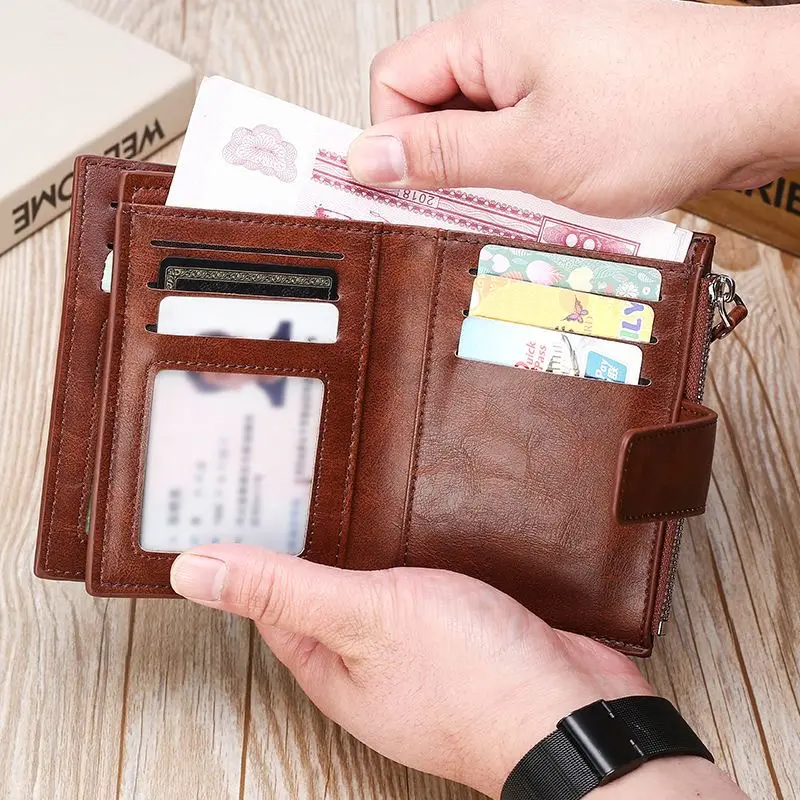 new Men's Wallet Zipper Coin Purse RFID Anti-theft retro Leather Wallet Credit Card Holder Money Bag Business wallet for men