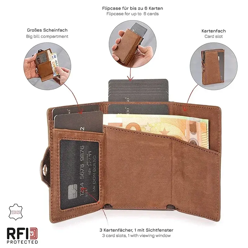 Men Luxury Triple Fold Pop-Up Credit Card Case RFID Protection Pu Leather Wallet with Compartment for Notes and Metal Coins