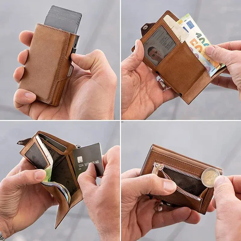 Men Luxury Triple Fold Pop-Up Credit Card Case RFID Protection Pu Leather Wallet with Compartment for Notes and Metal Coins