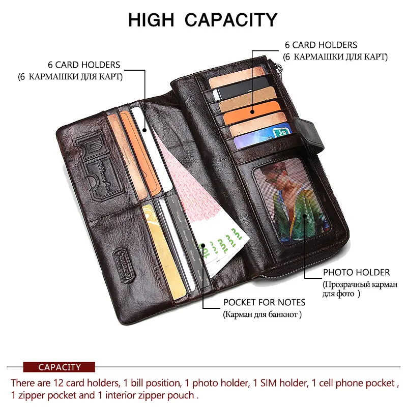 Contact's Brand Designer 100% Genuine Cow Leather Clutch Wallets Purse Card Holder Vintage Wallet Men with Coin Purse Pocket
