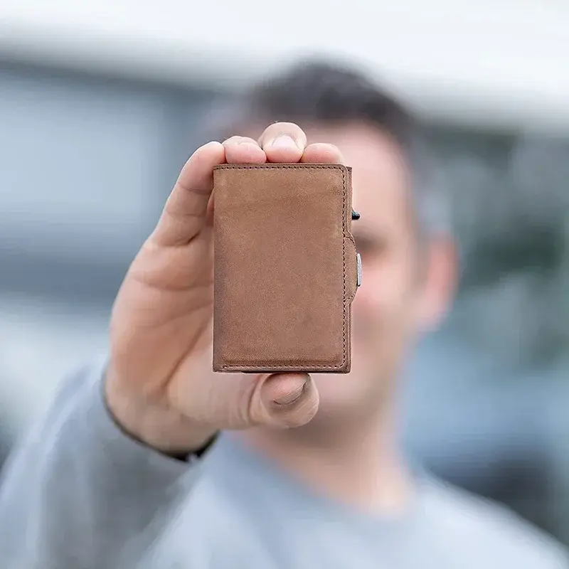 Men Luxury Triple Fold Pop-Up Credit Card Case RFID Protection Pu Leather Wallet with Compartment for Notes and Metal Coins