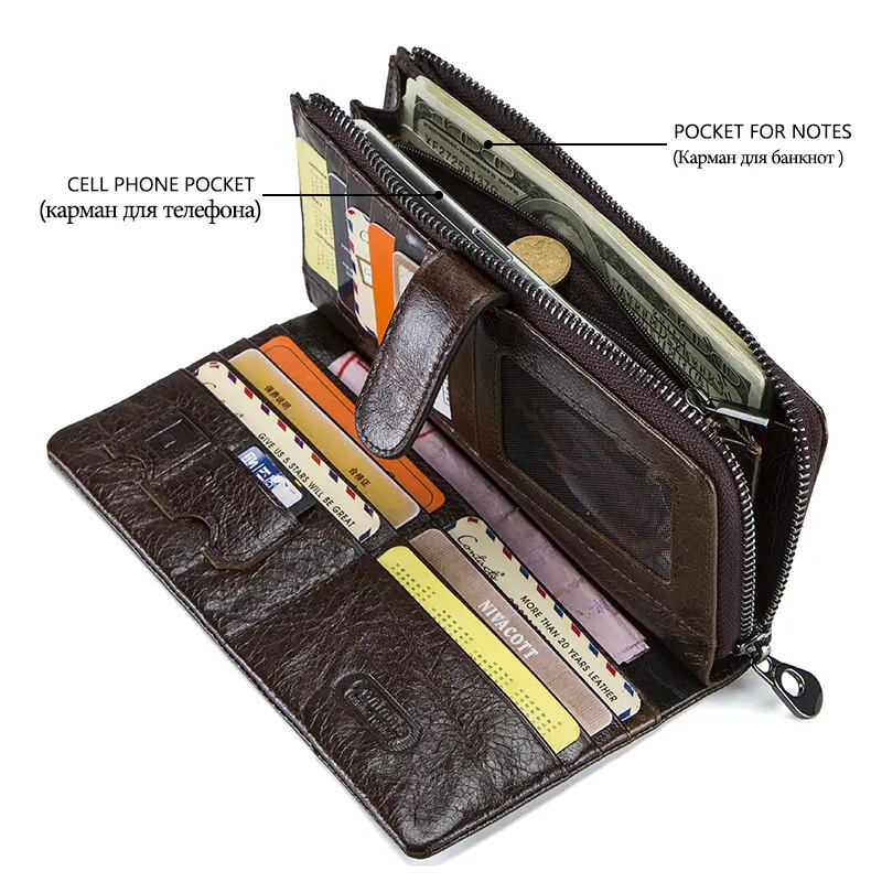 Contact's Brand Designer 100% Genuine Cow Leather Clutch Wallets Purse Card Holder Vintage Wallet Men with Coin Purse Pocket