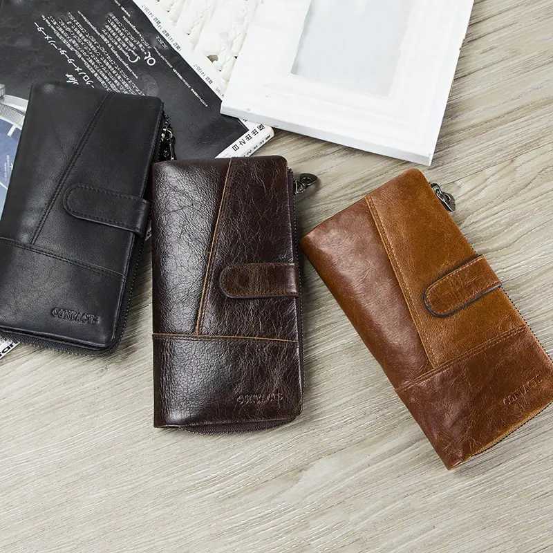 Contact's Brand Designer 100% Genuine Cow Leather Clutch Wallets Purse Card Holder Vintage Wallet Men with Coin Purse Pocket