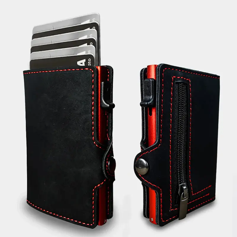 CASEKEY Card Holder Fashion Aluminum Credit Card Wallet RFID Blocking Smart Luxury Leather Slim Men Wallet with Zipper Vallet