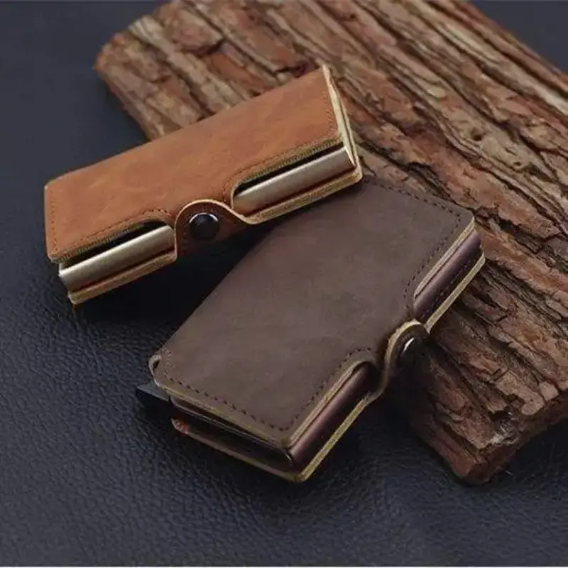 Split Leather id Credit Card Holder Wallet Money Clip RFID Blocking Pop Up Metal Bank Cardholder Case Minimalist Wallets for Men