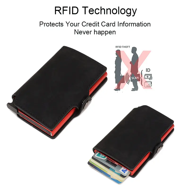 Split Leather id Credit Card Holder Wallet Money Clip RFID Blocking Pop Up Metal Bank Cardholder Case Minimalist Wallets for Men