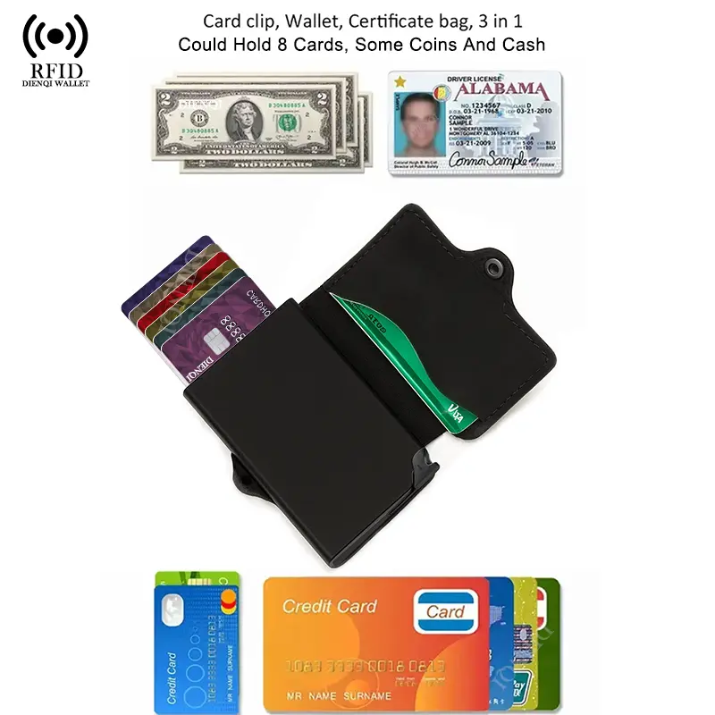 Split Leather id Credit Card Holder Wallet Money Clip RFID Blocking Pop Up Metal Bank Cardholder Case Minimalist Wallets for Men