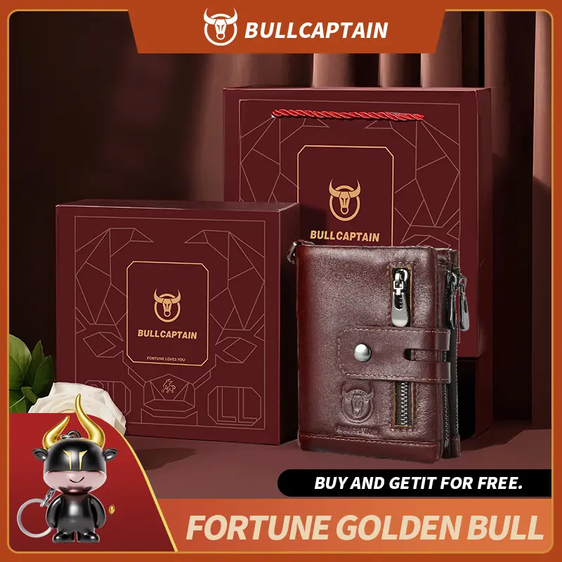 Bullcaptain Genuine Leather Men's Wallet Fashion Quality Travel Purse Rfid Protect Credit Card Holder Wollst for Men with Chain