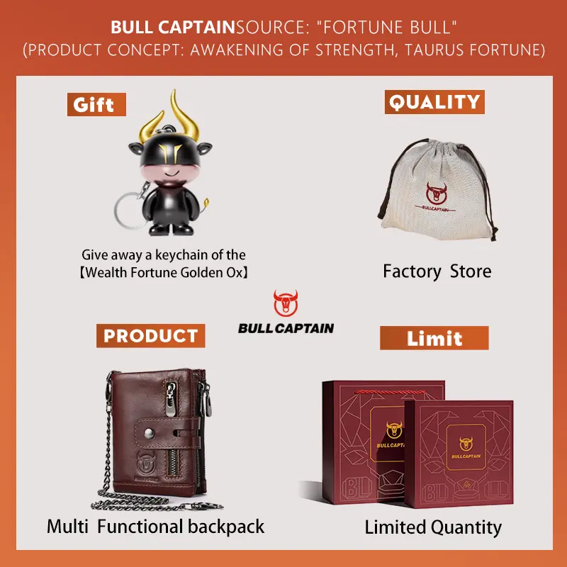 Bullcaptain Genuine Leather Men's Wallet Fashion Quality Travel Purse Rfid Protect Credit Card Holder Wollst for Men with Chain