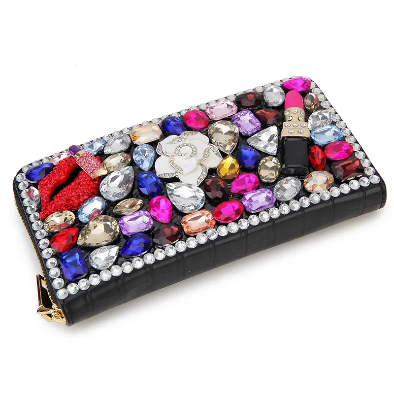 Luxury Diamond Women Long Purse Card Holder Coinetter Color Crystal Red Lip Pearl Wallet Pu Leather Zipper Around Wallet  Female