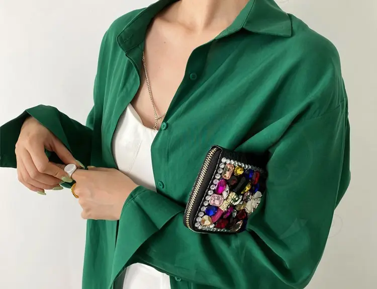Luxury Diamond Women Long Purse Card Holder Coinetter Color Crystal Red Lip Pearl Wallet Pu Leather Zipper Around Wallet  Female