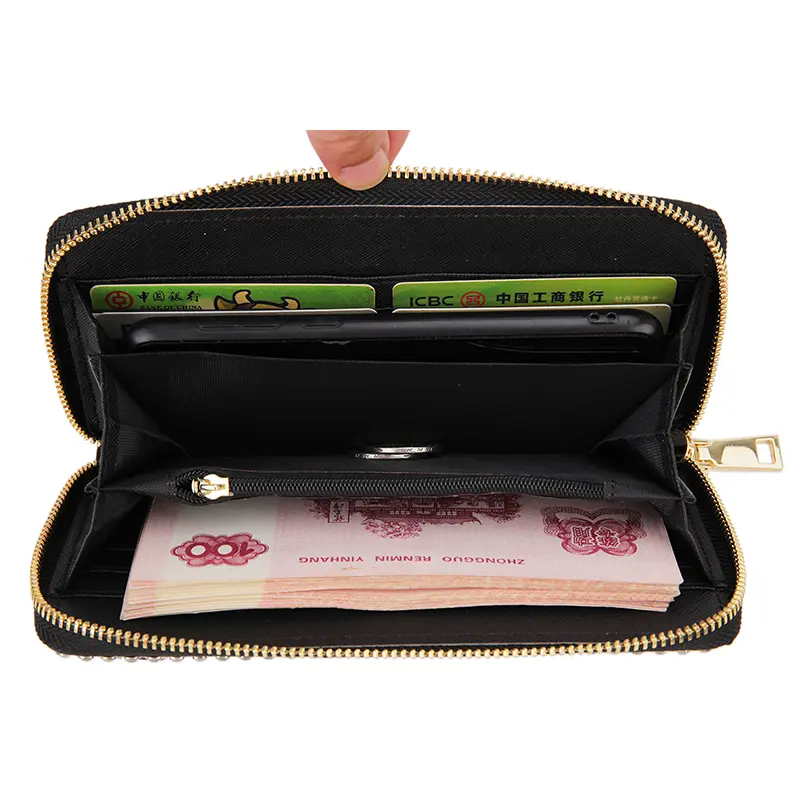 Luxury Diamond Women Long Purse Card Holder Coinetter Color Crystal Red Lip Pearl Wallet Pu Leather Zipper Around Wallet  Female