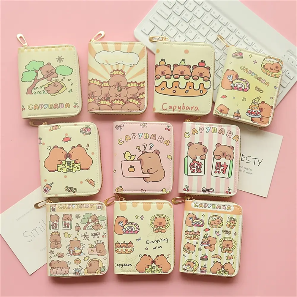 ISKYBOB Cute Cartoon Capybara Coin Purse Money ID Credit Card Holder PU Leather Short Zipper Wallets for Girls Students Gift