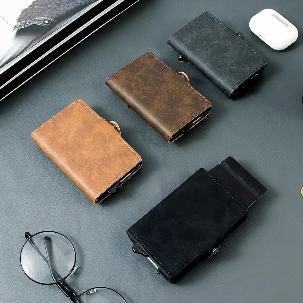 Pop Up Metal Wallet RFID Credit Card Holder Pu Leather Slimwallet Cardholder Aluminum Case Wallet for Men with Zipper Pocket